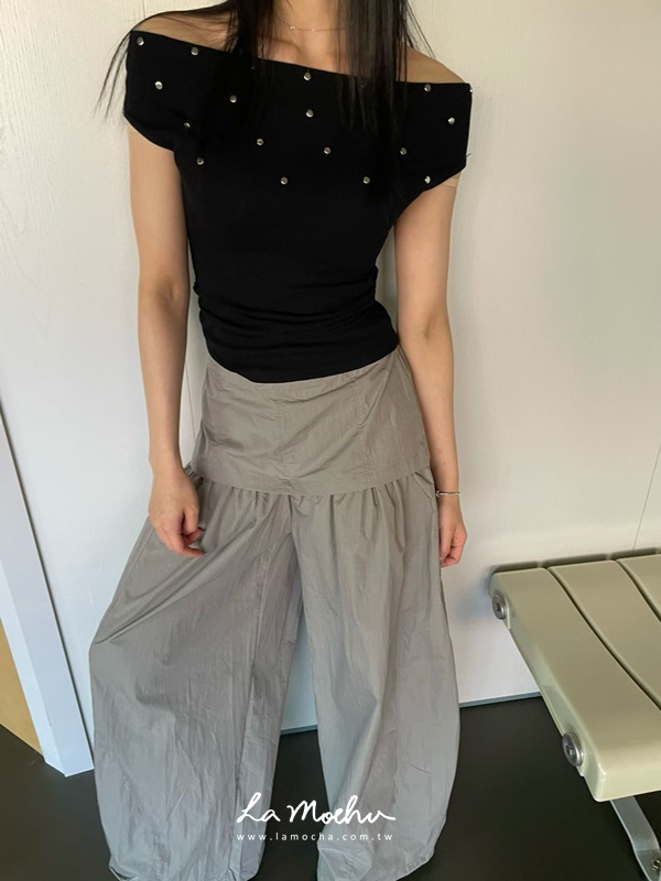 褲腳抽繩安靜裙襬寬褲
